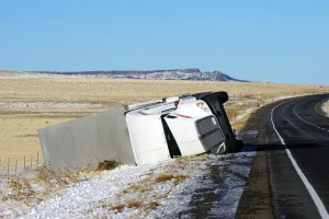 A commercial semi-truck rolled over onto its side in a field. If you have been in a motor vehicle accident with a commercial truck our Kansas City truck accident attorney can help.