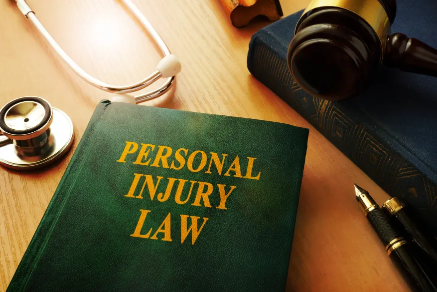  Personal Injury Law book sitting on desk next to judge gavel and stethescope. If you’ve been injured due to negligence, our Kansas City injury lawyers are ready to fight for you.