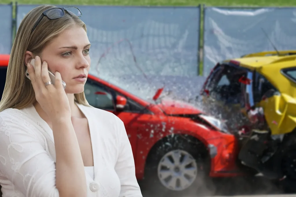 Woman on the phone calling a lawyer with a bad car accident behind her. 