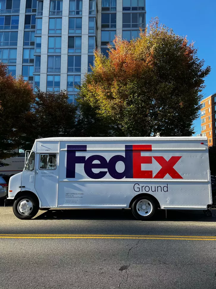 FedEx truck on a street.