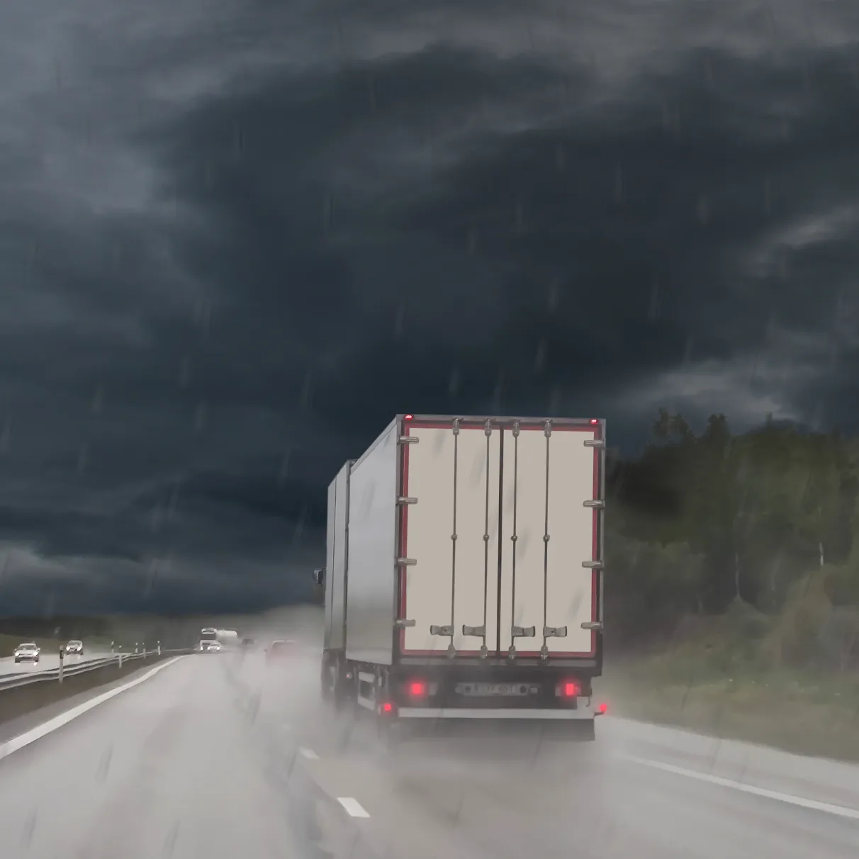 A commercial truck driving on the highway into a rainstorm.
