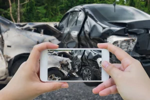 Someone taking a picture of two vehicles after an accident.