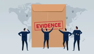 A cartoon of people in suits in front of a large evidence folder.