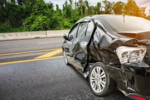 A black car on the side of a road, with severe body damage.