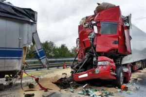 An 18-wheeler truck crashed on the side of the road.