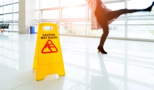 A person slipping on a wet floor, with a yellow caution sign visible.