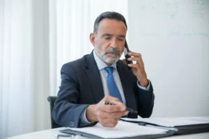 An attorney talking on the phone, while sitting in an office.