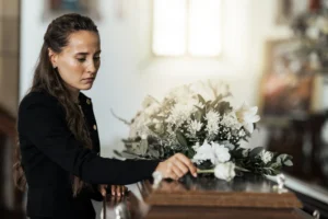 A woman laying a flower on top of a casket.